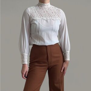 Vintage 70s/80s white shirt, lace trim cuffs and sheer lace on collar